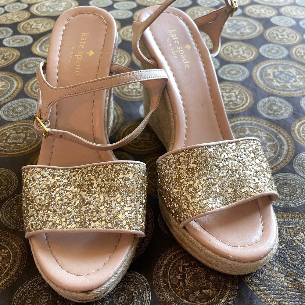 Kate Spade New York Gold Glitter Espadrille Wedge Sandals Size 8M